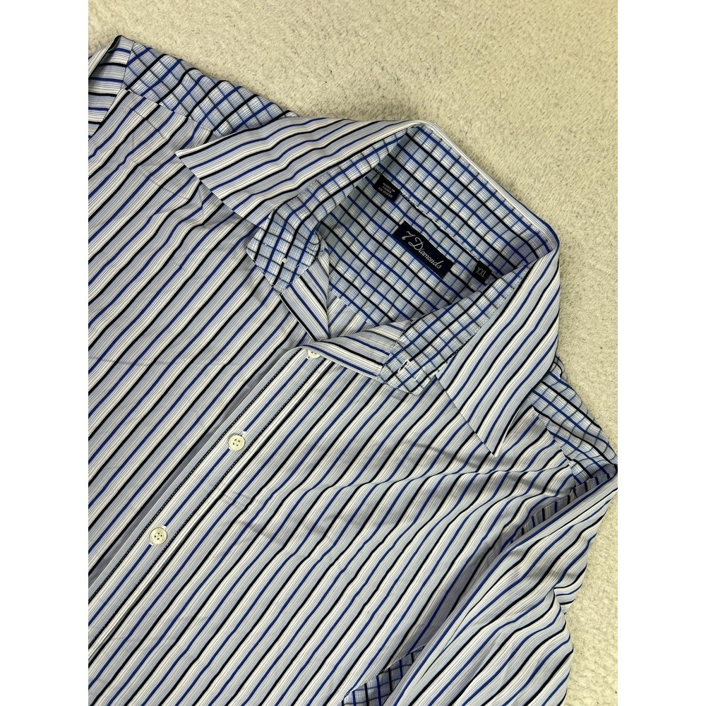 7 Diamonds Shirt Mens 2XL Blue Stripe Plaid Button Up Long Sleeve Stretch Casual